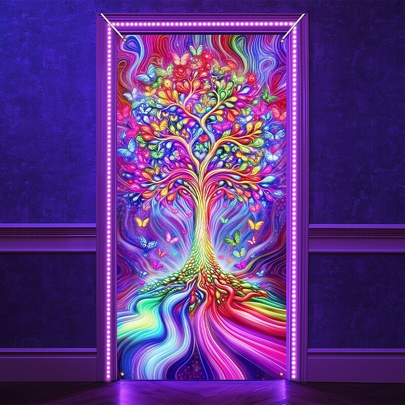 Blacklight Door Decorations Door Covers Glow in the Dark Tree of Life Door Tapestry Door Curtain Decoration Backdrop Indoor/Outdoor Door Banner for Front Door Farmhouse3