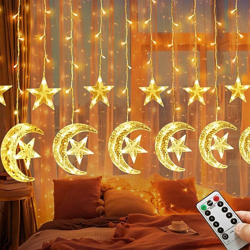 Ramadan Star & Moon Curtain String Lights - 3.5m 138 LEDs USB Powered with Remote Control, 8 Modes for Home & Party Decor