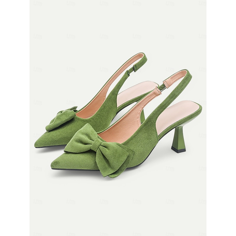 Women's Green Suede Slingback Heels – Pointed Toe Kitten Heels with Bow Detail, Elegant Pumps for Parties & Office Wear2