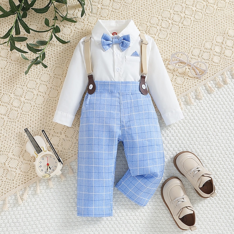 3 Pieces Ring Bearer Suit Boys Kids Toddler Shirt & Pants School Formal Anniversary Fashion Gentle Plaid V Neck White Cotton3