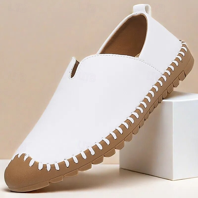 Men's Casual Slip-On Sneakers – White Faux Leather with Contrast Stitched Design, Comfortable Everyday Shoes for Leisure and Outdoor Activities