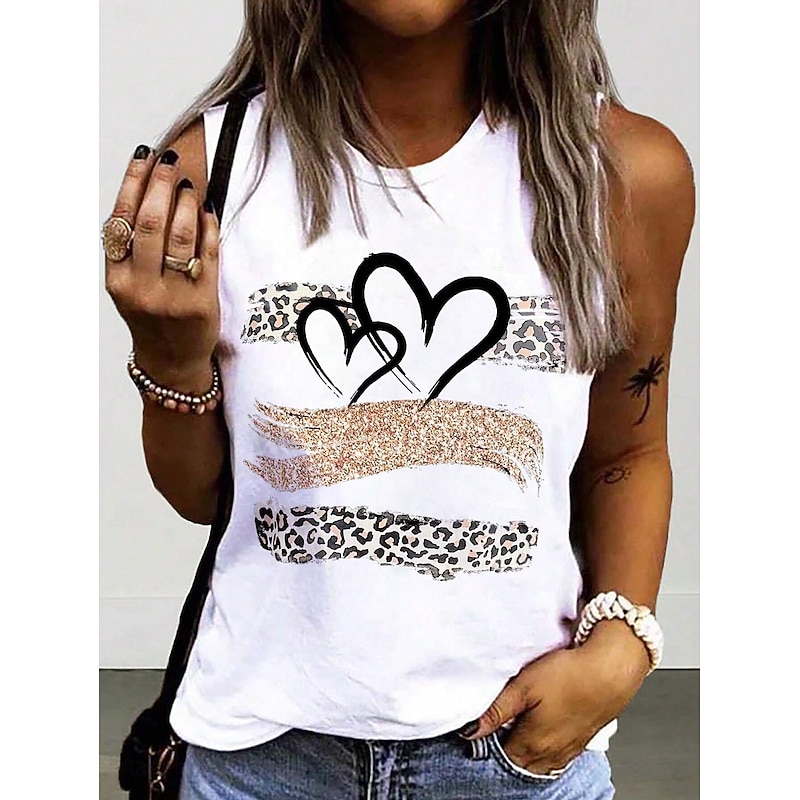 Women's Camisole Tank Top Heart Stylish Casual Sleeveless Crew Neck Regular Tops Daily Print White Summer