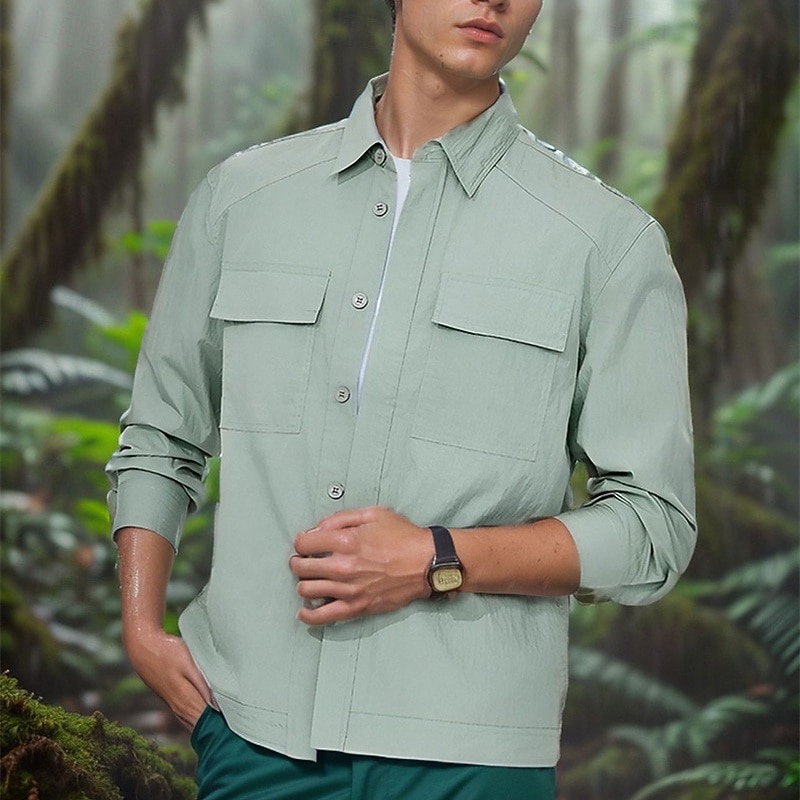 Men's Outdoor Jacket Shirt Jacket Cargo Jacket Hiking Jacket Outdoor Vacation Camping & Hiking Soft Pocket Summer Solid Color Fashion Streetwear Lapel Activewear Thin Regular Polyester Regular Fit2