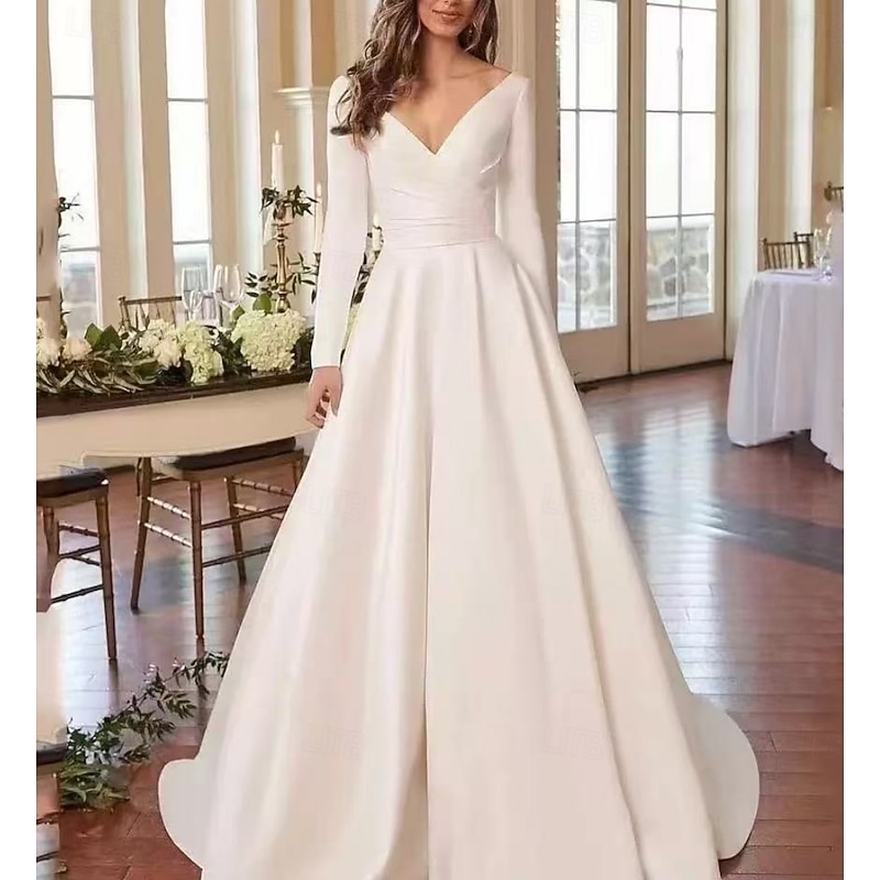 Hall Formal Boho Wedding Dresses Ball Gown V Neck Long Sleeve Chapel Train Jersey Bridal Suits Bridal Gowns With Ruched