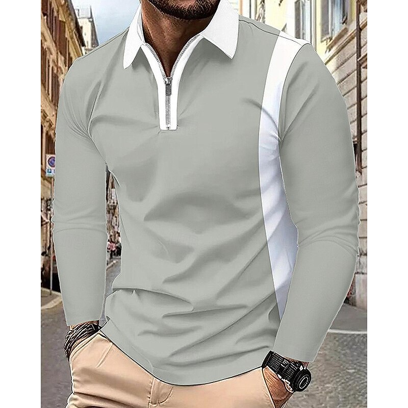 Men's Quarter Zip Polo Golf Shirt Daily Holiday Quarter Zip Long Sleeve Fashion Modern Color Block Patchwork Spring &  Fall Regular Fit Black White Wine Navy Blue Light Grey Dark Gray Quarter Zip Polo3