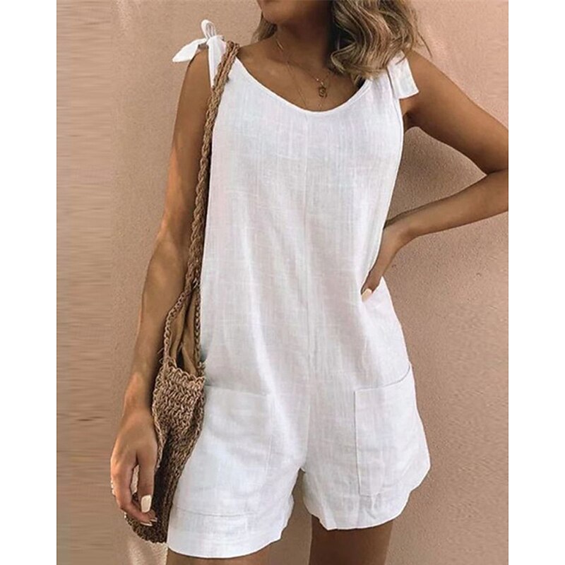 Women's Normal Romper Streetwear Solid Color Sleeveless Sleeveless V Neck Pocket Street Daily Regular Fit White Yellow Green Summer