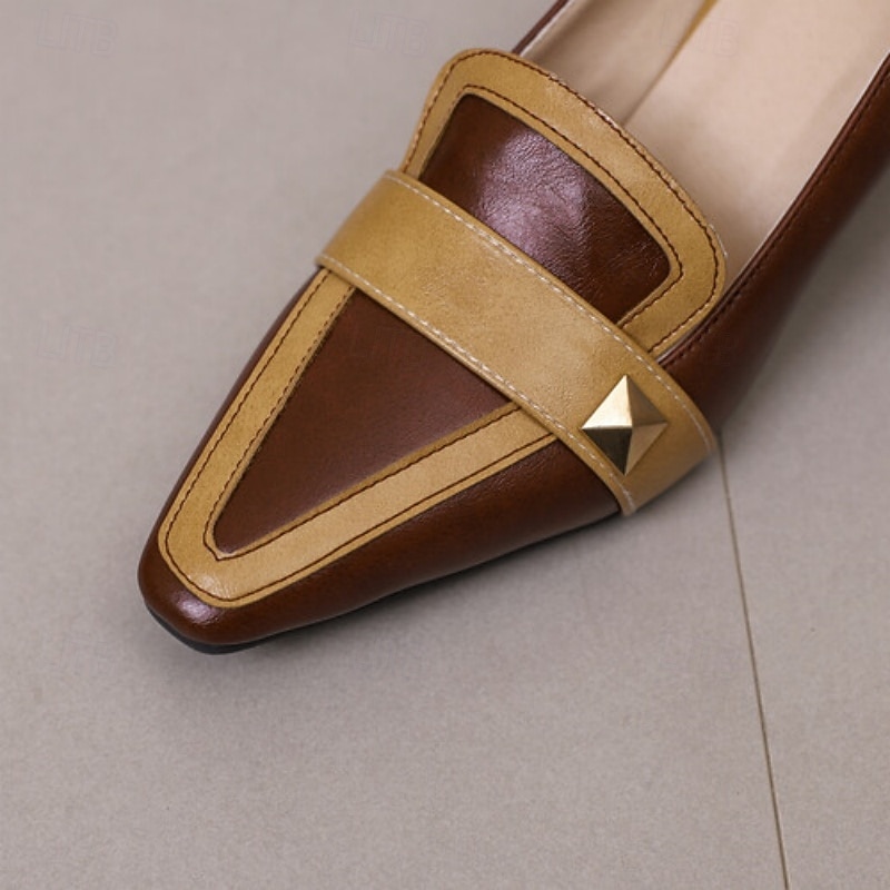 Women's Vintage Mid Heel Loafers – Brown Pointed Toe Slip-On Pumps with Contrast Strap – Elegant Office & Casual Dress Shoes3