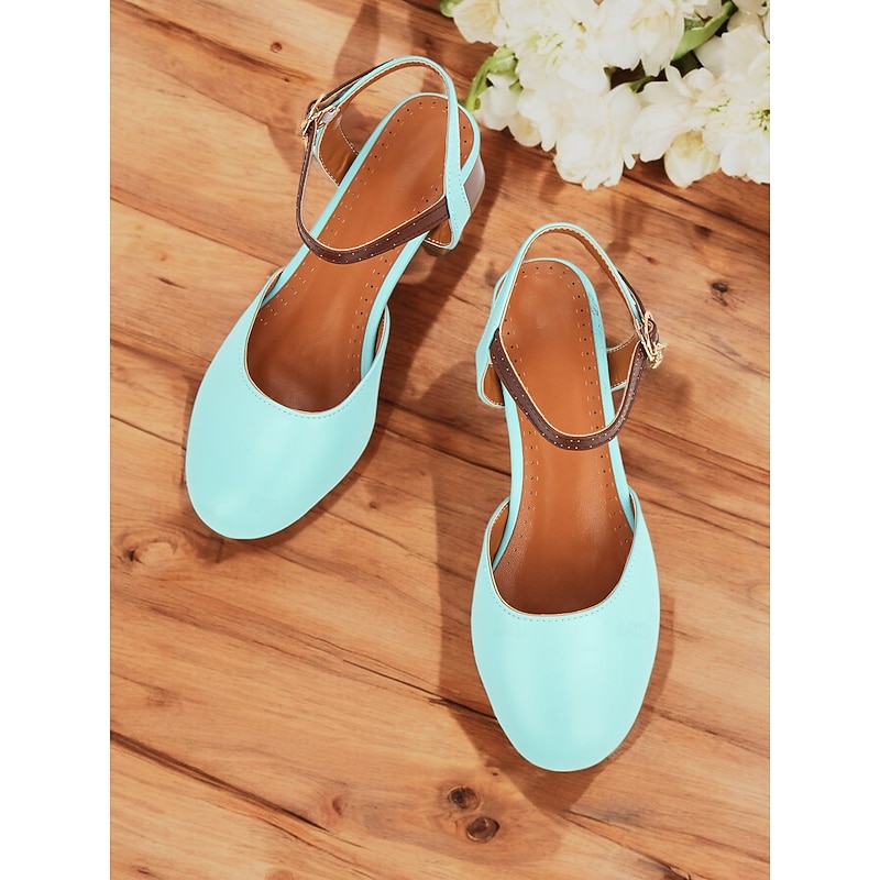 Women's Light Blue Two-Tone Ankle Strap Block Heel Pumps – Round Toe Closed-Toe Dress Shoes with Charm Pendant for Office & Casual Wear