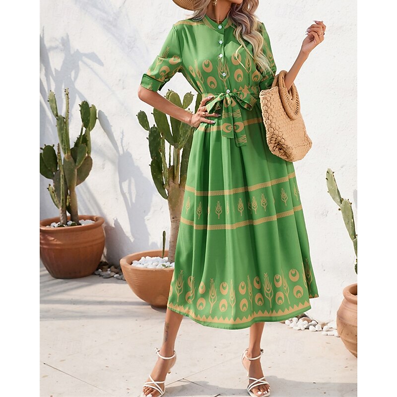 Women's Long Dress Maxi Dress Casual Dress Summer Dress Boho Dress Fashion Outdoor Holiday Date Regular Fit Painting 3/4 Length Sleeve Shirt Collar Black White Green Summer Spring3