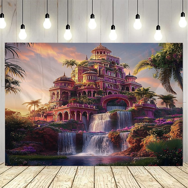 A Castle house plants lake water waterfall  Landscape Tapestry Wall Art Large Tapestry Mural Decor Photograph Backdrop Blanket Curtain Home Bedroom Living Room Decoration4
