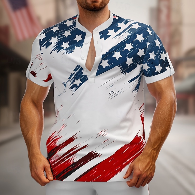 Men's American US Flag Shirt Button Down Shirt Short Sleeve Fashion Casual Vacation Streetwear Beach Wear Summer Spring Standing Collar Henley Collar White