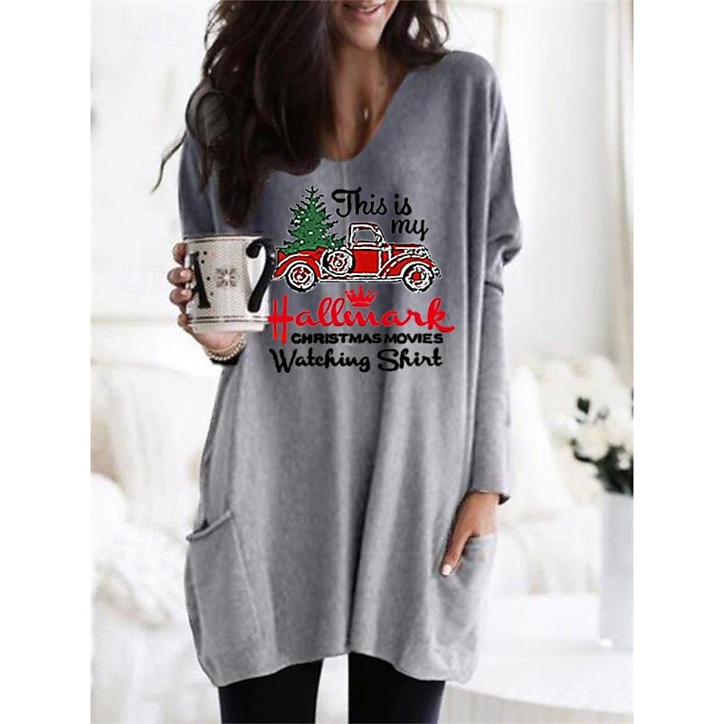 Women's Mini Dress Casual Dress Shift Dress Casual Batwing Sleeve Christmas Festival Loose Fit Print Long Sleeve V Neck Blue Purple Orange Gray Fall Winter2