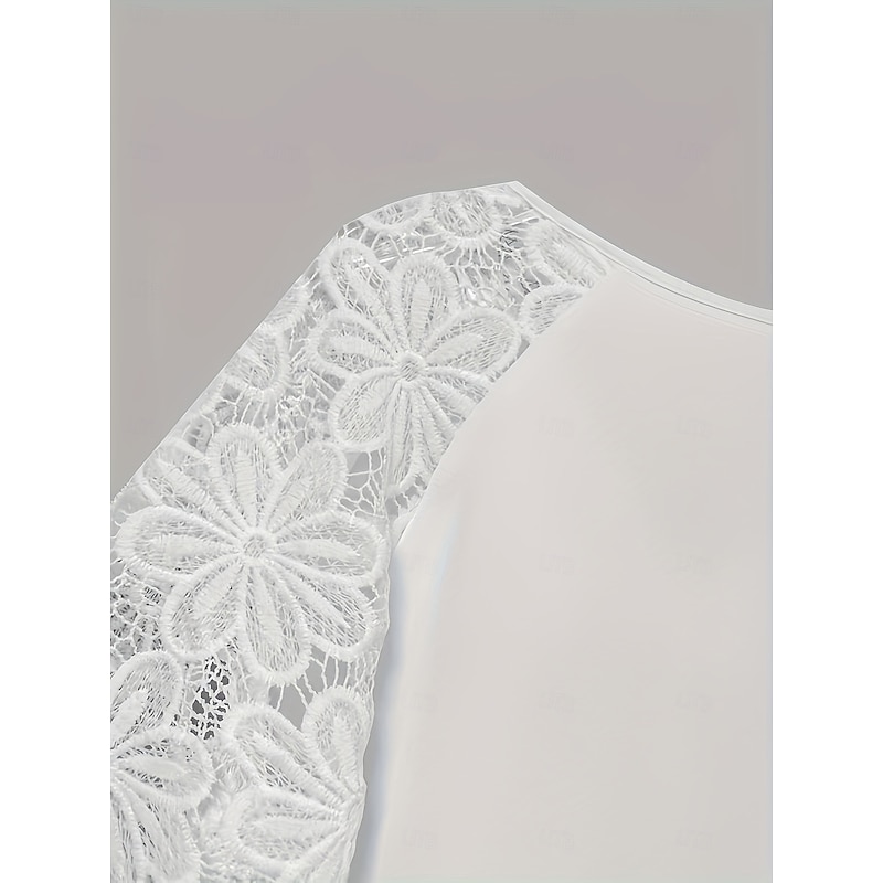 Women's Shirt Blouse Solid Color Basic Casual Half Sleeve Crew Neck Regular Tops Wedding Guest Work Daily Lace White Summer Spring3