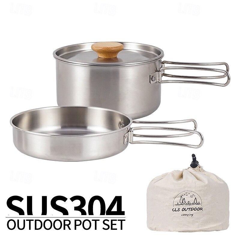 2Pcs of Set Outdoor Mountaineering 304 Stainless Steel Folding Handle Pot Durable Portable Lightweight Camp Cooking Pot for Hiking Backpacking Camping Gear Easy to Store and Carry