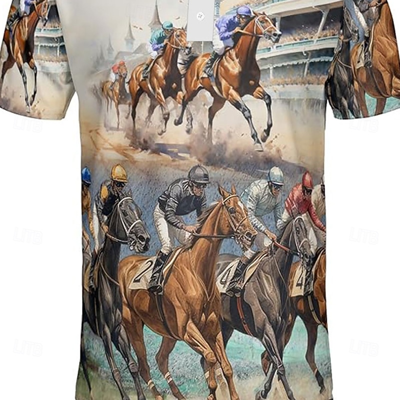 Kentucky Derby Men's Horse Racing Polo Short Sleeve Polo Shirts Collared Shirts Business Casual Outdoor Daily Wear Festival Outfit 3D Print Summer Spring Fall Black Blue3