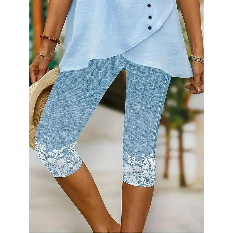 Women's Leggings Capri Pants High Elasticity Fashion Streetwear Full Length Mid Waist Floral Printing Thermal Warm Breathable Soft  Outdoor Daily Beach Buff Black Blue Sky Blue Summer Spring4