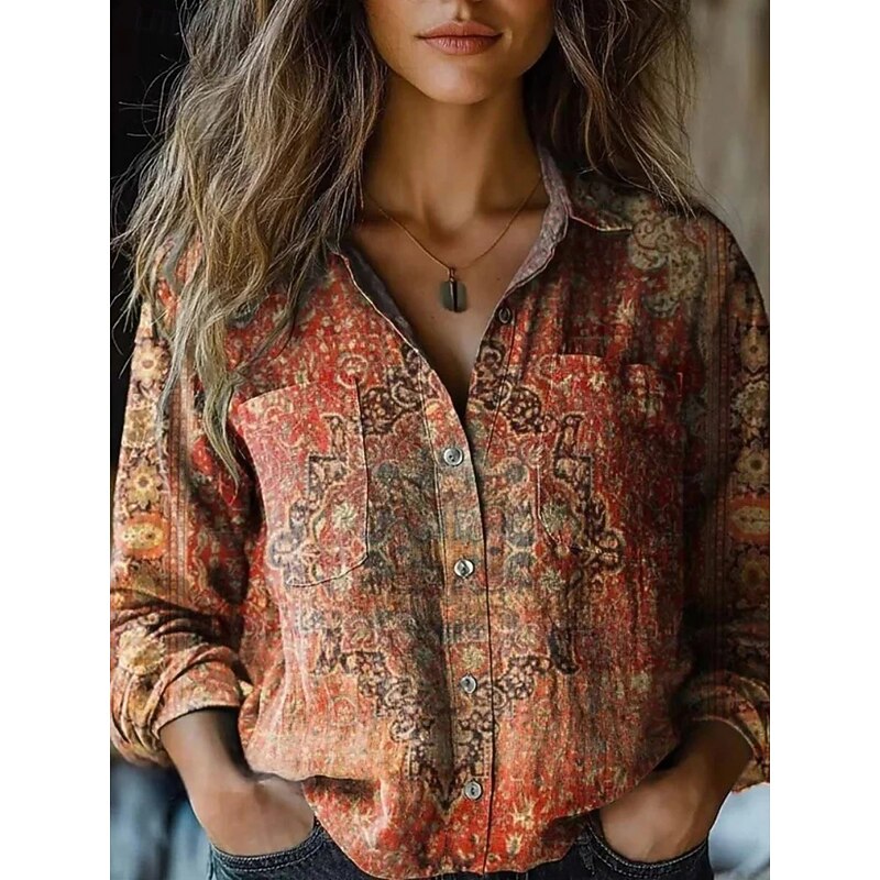 Women's Shirt Floral Retro Vintage Ethnic Long Sleeve Shirt Collar Regular Tops Daily Holiday Pocket Buttons Print Wine Red Blue Summer