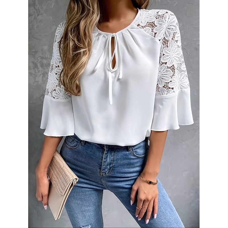 Women's Shirt Blouse Solid Color Basic Casual Half Sleeve Crew Neck Regular Tops Wedding Guest Work Daily Lace White Summer Spring4