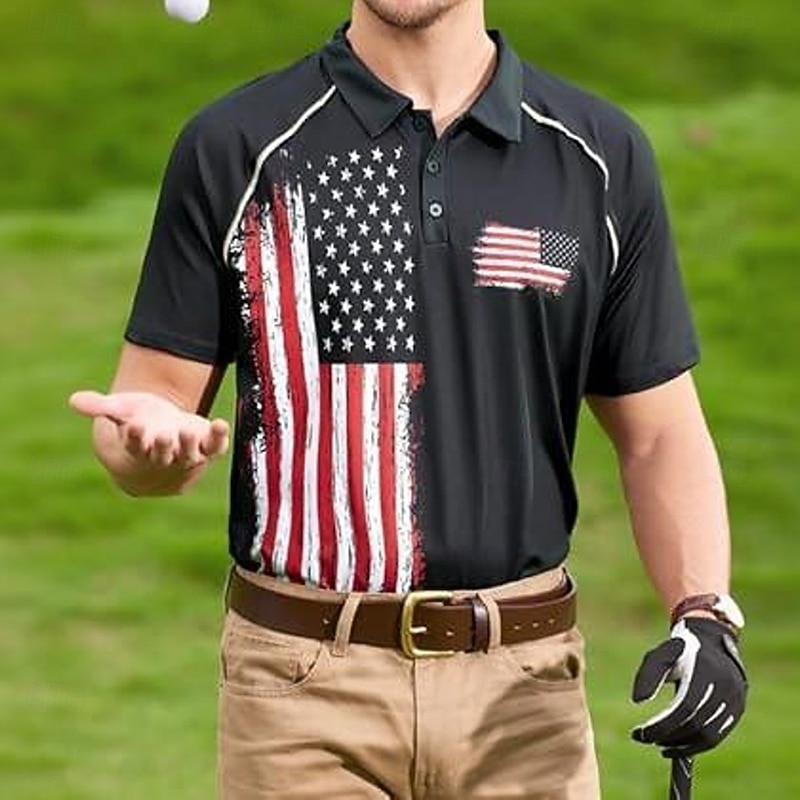 Men's American US Flag Polo Short Sleeve Polo Shirts Collared Shirts Casual School Outdoor Daily Wear Home Wear 3D Print Summer Black
