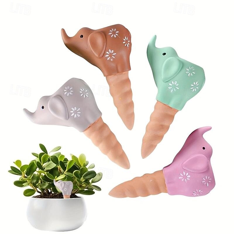 4-Pack Cute Elephant-Shaped Pottery Clay Self-Watering Nail-Red Soil Automatic Plant Watering System, Easy, Efficient and Healthy Gardening4