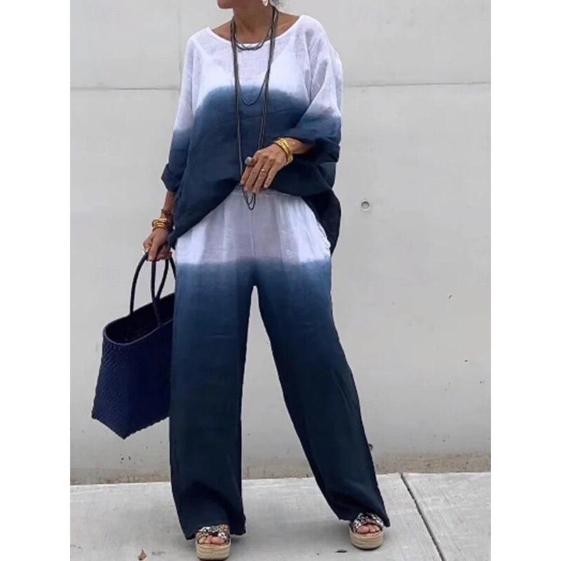 Women's Fashion Streetwear Daily Shirt Wide Leg Pants Long Sleeve Crew Neck Ombre Drawstring Casual Daily Dark Navy Sky Blue Brown Summer Regular Fit