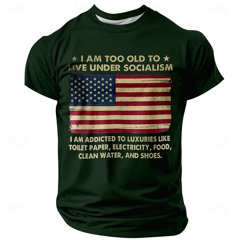 Veterans Day Men's Patriot Patriotic Veteran TOO OLD TO LIVE UNDER SOCIALISM US Flag T Shirt Short Sleeve T shirt 3D Print Crew Neck Shirt Daily Military Street Black Blue Green Summer Spring3