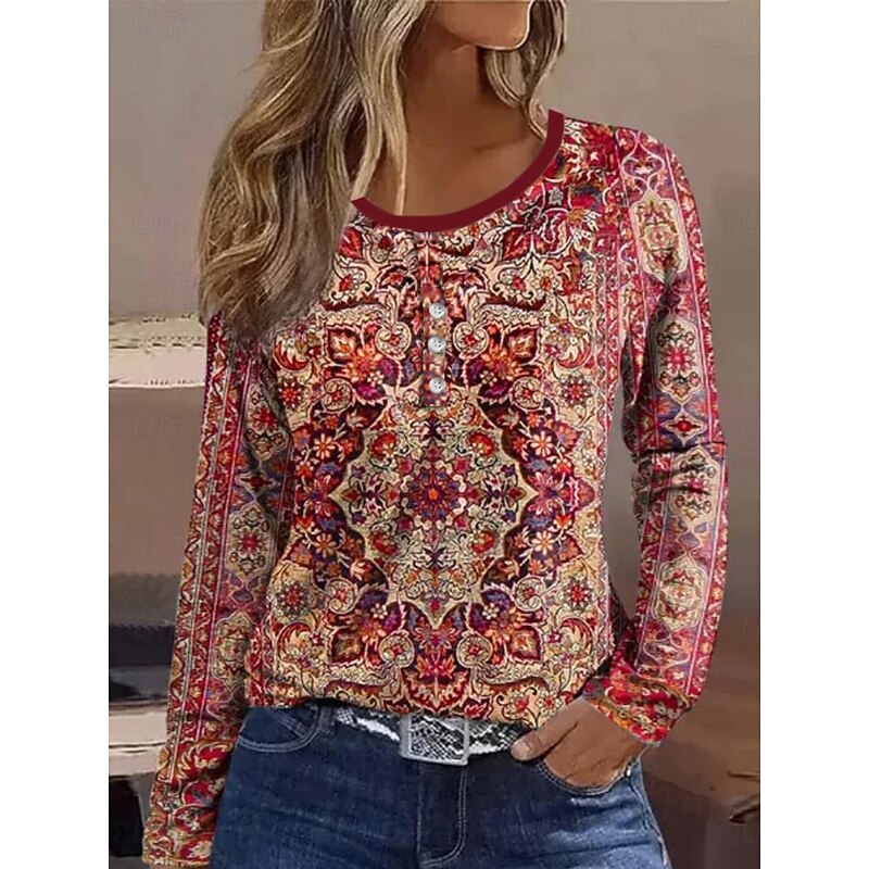 Women's T shirt Long Sleeve Striped Daily Casual Long Sleeve V Neck Regular Tops Daily Holiday Buttons Pink Red Gray Spring Fall Winter Prefall