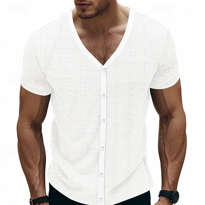 Men's Tee Short Sleeve Shirt Tee Top Short Sleeve V Neck Spring &  Fall Plain Fashion Designer Buckle Vacation Street Going out Navy Black White Top Tee for Men