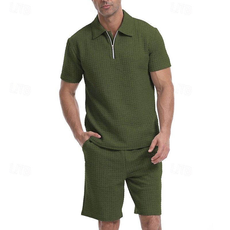 Men's Waffle Tracksuit Polo Shirt & Shorts Set Outfit Set Polo Collar Quarter Zip Outdoor Daily Sports Pocket Drawstring 2 Piece Plain Black White Khaki Polyester Activewear Classic Casual Summer