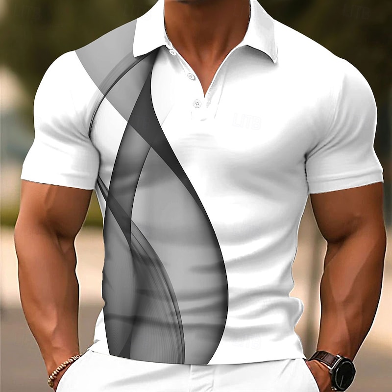 Men's Geometic Line Polo Short Sleeve Polo Shirts Collared Shirts Casual School Outdoor Daily Wear Home Wear 3D Print Summer White Blue Gray3