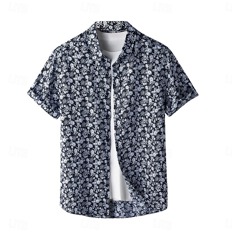 Men's 100% Linen Floral Vine Shirt Button Down Shirt Casual Shirt Short Sleeve Vintage Hawaiian Casual Performance Wedding Anniversary Spring Summer Turndown Button Up Printing Navy Blue - Main Image