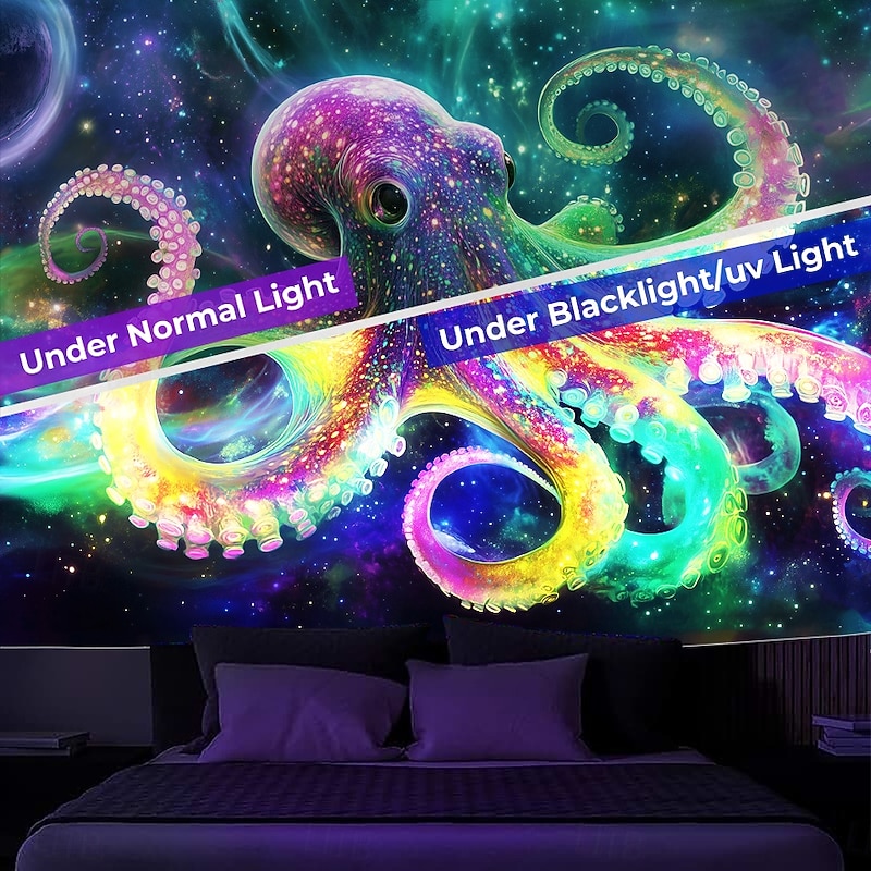 Blacklight Tapestry Glow in the Dark Glow Party UV Reactive Trippy Misty Animal Octopus Hanging Tapestry Wall Art Mural for Living Room Bedroom2