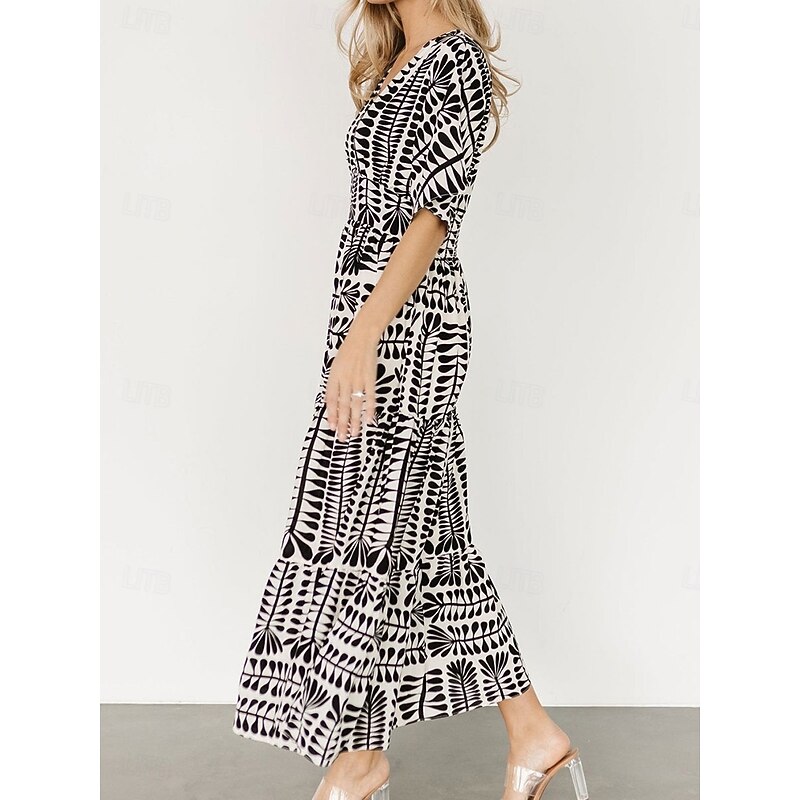 Women's Midi Dress Casual Dress Boho Chic Dresses Boho Dress Bohemia Vintage Stylish Vacation Casual Daily Regular Fit Stripe Short Sleeve V Neck Black Light Green Light Blue Summer Spring3