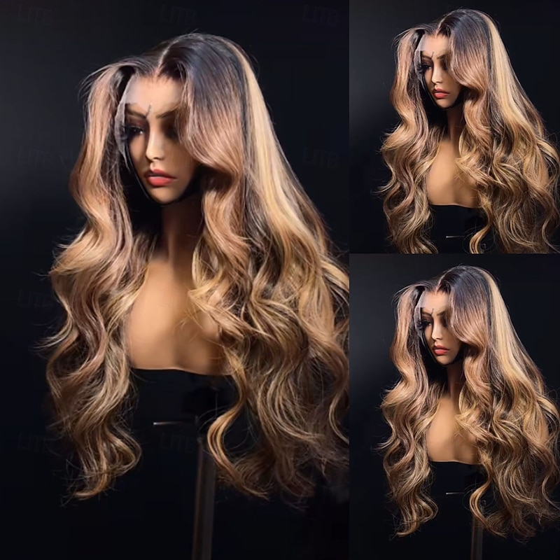 Brazilian virgin Hair Glueless Honey Blonde 5x5 Closure Wigs Ombre Highlighted Hair13x4 Lace Front Wig Pre-Plucked