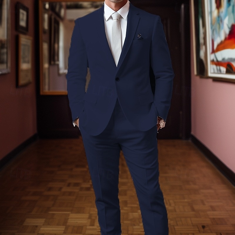 Men's Graduation Blazer Set Business Cocktail Party Wedding Party Fashion Casual Summer Spring Polyester Plain Pocket 2 Piece Comfortable Single Breasted Blazer White Red Navy Blue Blue2