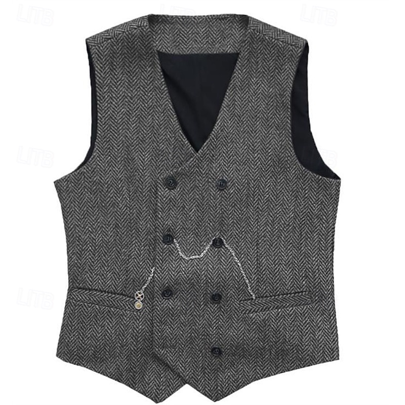Men's Vest Waistcoat Gilet Vacation Daily Wedding Party Date Fashion Casual Spring Fall Buttons Pocket Polyester Comfortable Plain Double Breasted V Neck Regular Fit Silver Black Red Burgundy Vest2