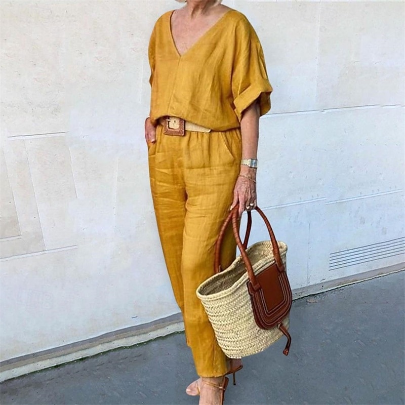 Women's Fashion Streetwear Shirt Cotton Linen Sets Two Piece Sets Linen Pants Pants Trousers Long Sleeve V Neck Solid Color Drawstring Daily Wear Date Yellow Blue Gray Spring Regular Fit