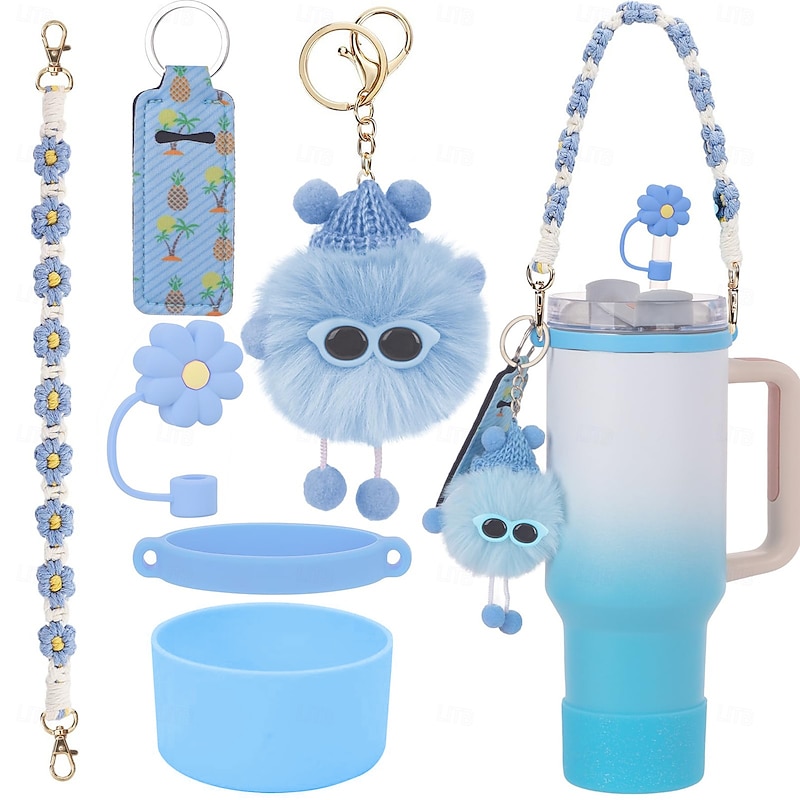 Stanley Cup Hand-woven Handle Flower Straw Cap Lipstick Set Coal Ball Pixie Glitter Silicone Cup Set3