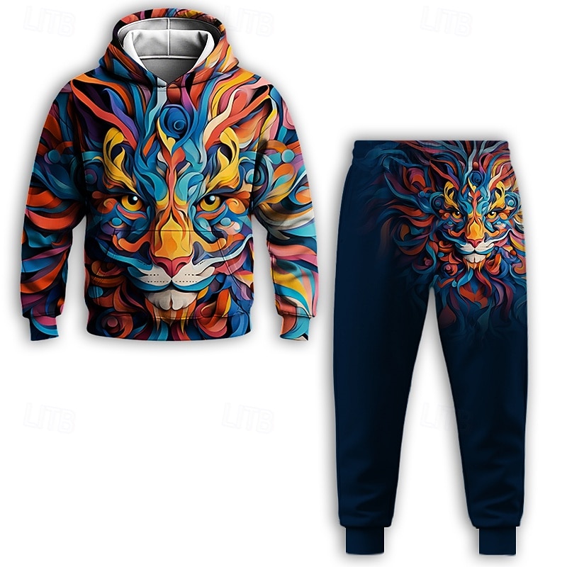 Boys 3D Graphic Animal Lion Hoodie & Sweatpants Set Sports Suit Tracksuits Long Sleeve Spring Fall Daily Basic Casual Kids 4-12 Years Hooded Outdoor Vacation Sports Tailored Fit