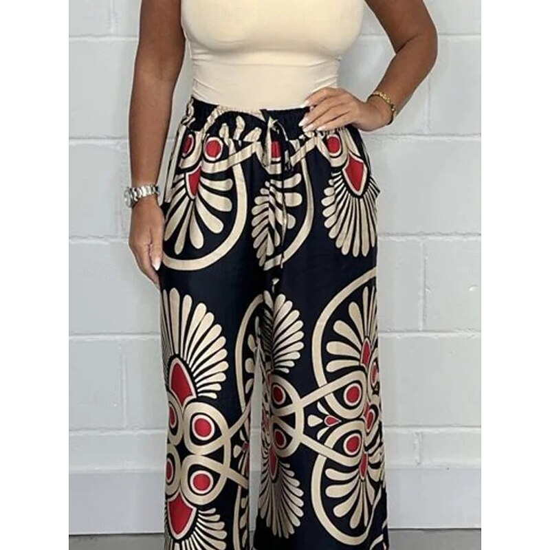 Women's Wide Leg Chinos Fashion Streetwear Full Length High Waist Floral Elastic Waistband Print Comfy Soft Comfortable Micro-elastic Outdoor Street Apple Green Black Dark Navy Green Summer Spring3