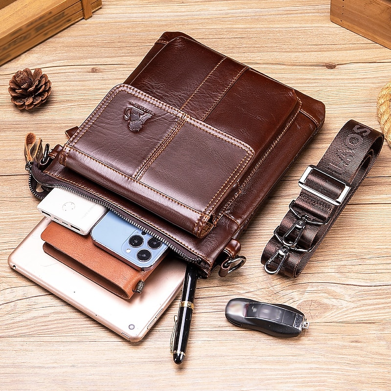 Men's Crossbody Bag Cowhide Daily Zipper Solid Color Black Brown Coffee3
