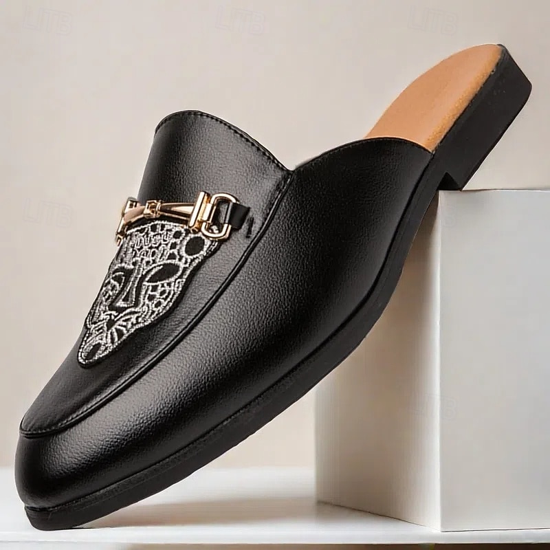 Men's Black Slip-On Loafers with Embossed Logo and Gold Accent, Casual Flat Shoes for Daily Wear and Office