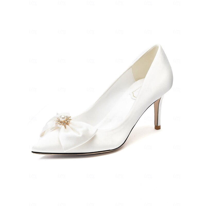 Satin Bow Wedding Pumps – Women's Chic Pointed Toe Stiletto Heels with Pearl Accents for Bridal Wear2