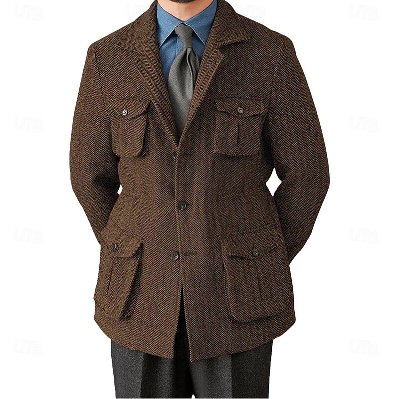 Men's Tweed Blazer Notch Collar Retro Vintage Herringbone Blazer Navy Blue Brown Dark Grey Standard Fit Single Breasted Three-buttons