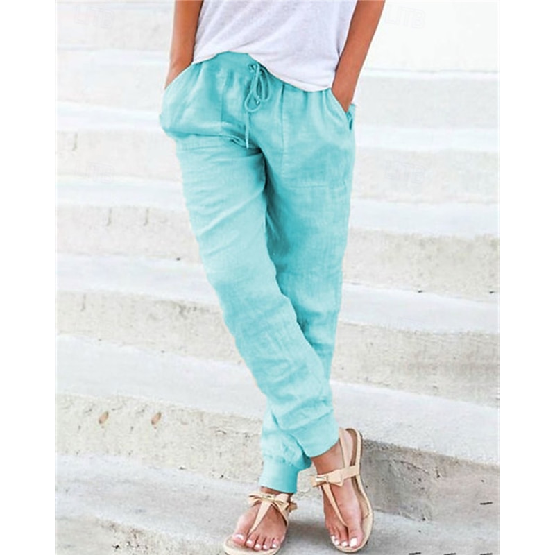 Women's Tapered pants Cotton Linen Pants Fashion Streetwear Comfort Full Length High Waist Plain Pocket Drawstring Elastic Waist Comfy Outdoor Comfortable Street Daily Wear Going out Yellow Sky Blue