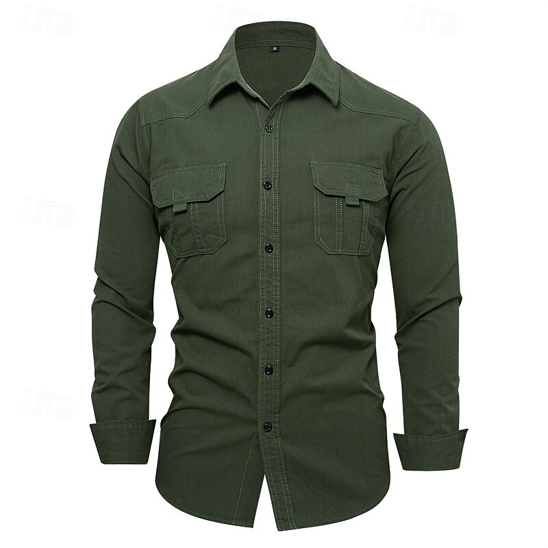 Men's Shirt Summer Shirt Casual Shirt Button Up Shirt Black khaki Army Green Gray Long Sleeve Plain Lapel Vacation Holiday Pocket Clothing Apparel Polyester Fashion Casual Comfortable4