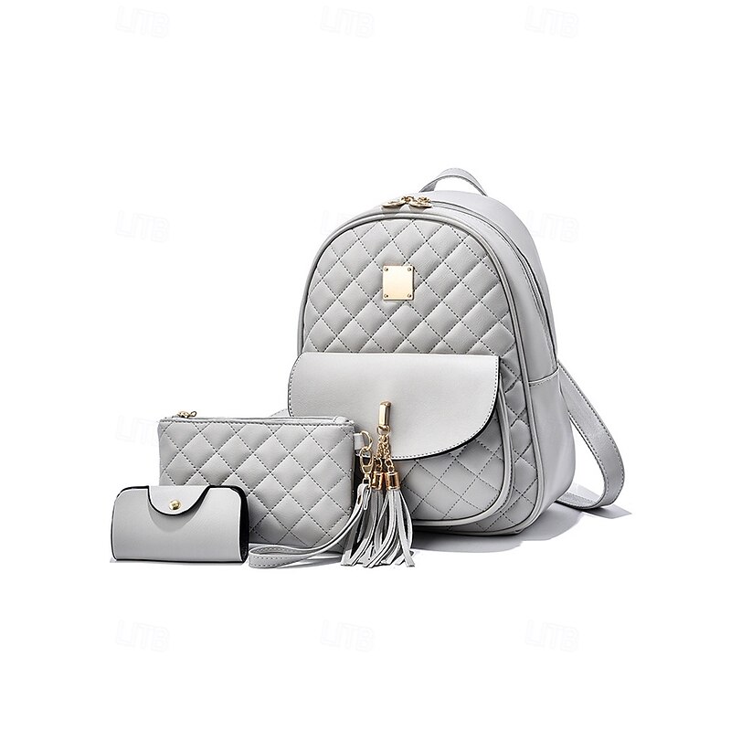 Women's Quilted Pink Leather Backpack Wristlet Card Holder Three-Piece Set , Including Wallet and Card Holder, Fashionable and Practical, Suitable for Daily Use, Work and Casual Outings