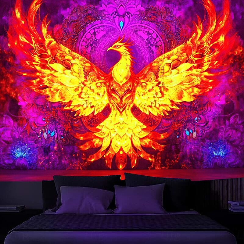Blacklight Tapestry Glow in the Dark Glow Party UV Reactive Bohemian Totem Phenix Trippy Misty Nature Landscape Hanging Tapestry Wall Art Mural for Living Room Bedroom4