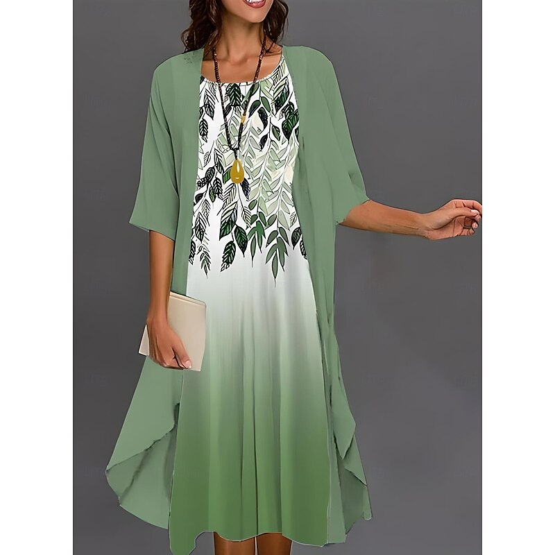 Women's Graduation Dress Midi Dress Chiffon Dress Shift Dress Summer Dress Elegant Vacation Formal Formal Wedding Guest Daily Loose Fit Floral Graphic Half Sleeve Crew Neck Green Summer Spring