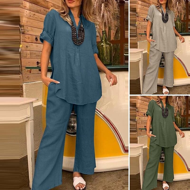 Women's Fashion Streetwear Shirt Linen-Inspired Sets Two Piece Sets Linen Pants Pants Trousers Short Sleeve V Neck Solid Color Daily Wear Date Green Khaki Light Blue Spring Regular Fit